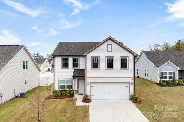 1976 Ethan Ln, Stanfield, NC 28163 - traditional-style house with driveway, cooling unit, an attached garage, a front yard, and a shingled roof