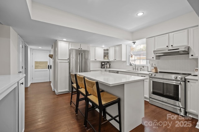kitchen featuring a kitchen breakfast bar, dark wood-style flooring, under cabinet range hood, a sink, and appliances with stainless steel finishes
