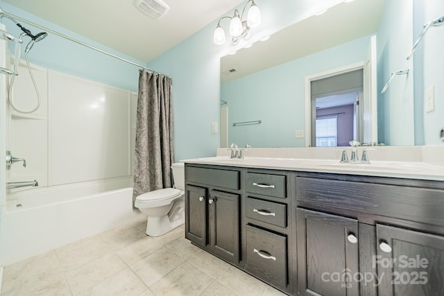 9001 Lanark Ln, Indian Land, SC 29707 - full bathroom featuring double vanity, shower / tub combo with curtain, toilet, and tile patterned floors