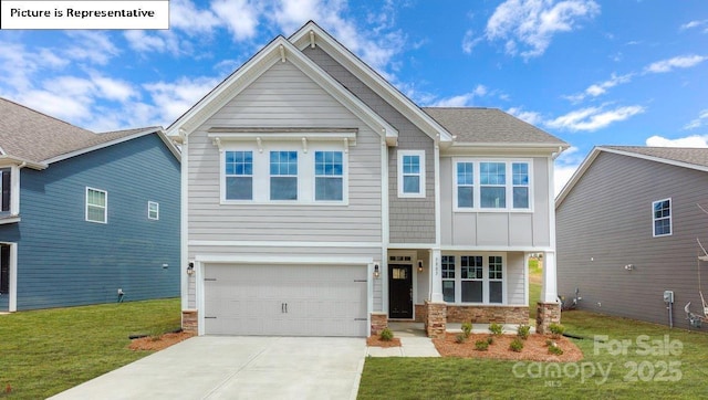 158 Ventor Way, Mooresville, NC 28115 - craftsman-style home featuring stone siding, an attached garage, board and batten siding, a front yard, and driveway