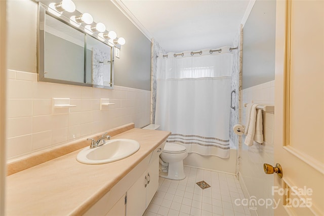 full bathroom with vanity, tile patterned flooring, toilet, shower / bath combo with shower curtain, and tile walls
