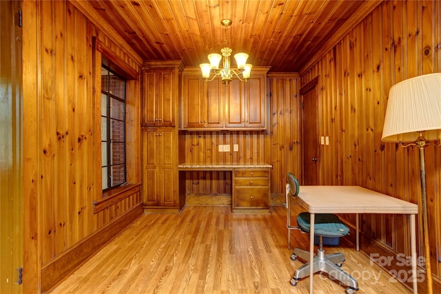 235 John Rainey Rd, Salisbury, NC 28147 - office area with a chandelier, light wood-style flooring, wooden walls, wooden ceiling, and built in study area