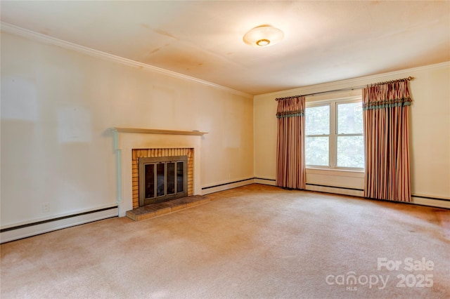 235 John Rainey Rd, Salisbury, NC 28147 - unfurnished living room featuring ornamental molding, baseboard heating, a brick fireplace, and carpet floors