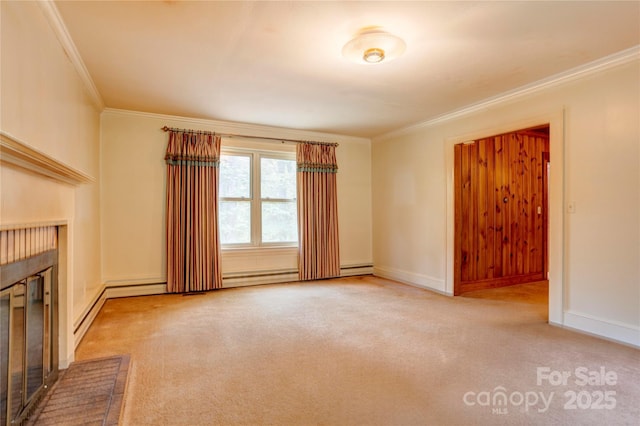 235 John Rainey Rd, Salisbury, NC 28147 - unfurnished living room featuring ornamental molding, carpet, a brick fireplace, and baseboards