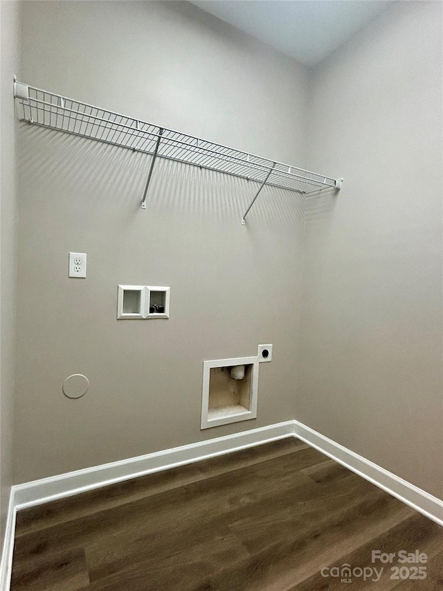 laundry room with hookup for an electric dryer, laundry area, dark wood finished floors, baseboards, and hookup for a washing machine