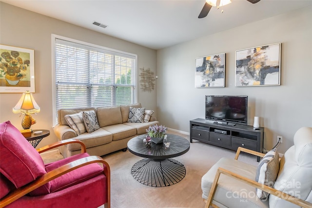 7554 Coastal Way, Huntersville, NC 28078 - living area with a ceiling fan, carpet, baseboards, and visible vents