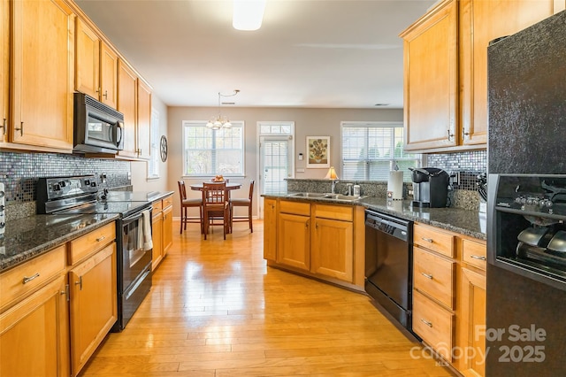 7554 Coastal Way, Huntersville, NC 28078 - kitchen featuring backsplash, black appliances, light wood-style floors, and a sink