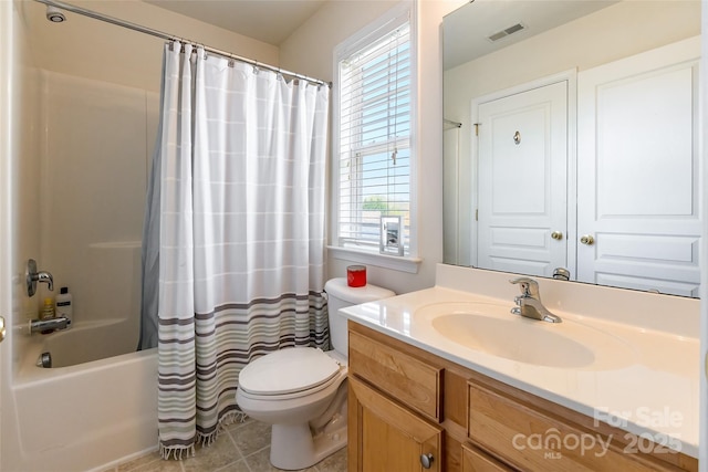 7554 Coastal Way, Huntersville, NC 28078 - full bath featuring toilet, vanity, shower / bathtub combination with curtain, tile patterned flooring, and visible vents