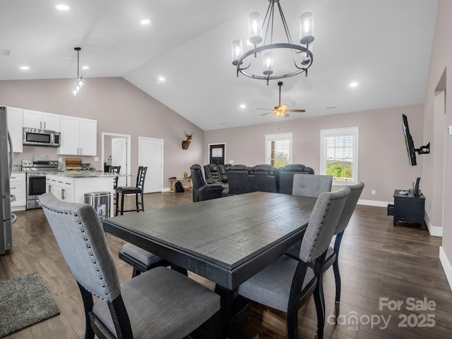 dining space with recessed lighting, baseboards, high vaulted ceiling, and dark wood-type flooring