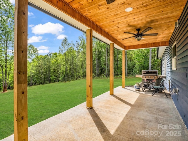 view of patio / terrace featuring ceiling fan and grilling area