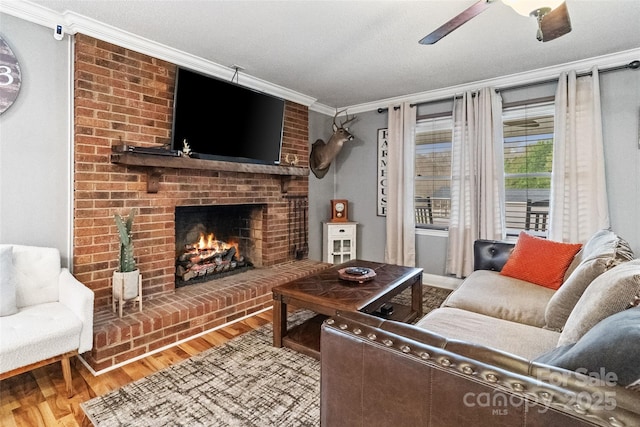 living room featuring a ceiling fan, ornamental molding, a fireplace, and light wood-type flooring