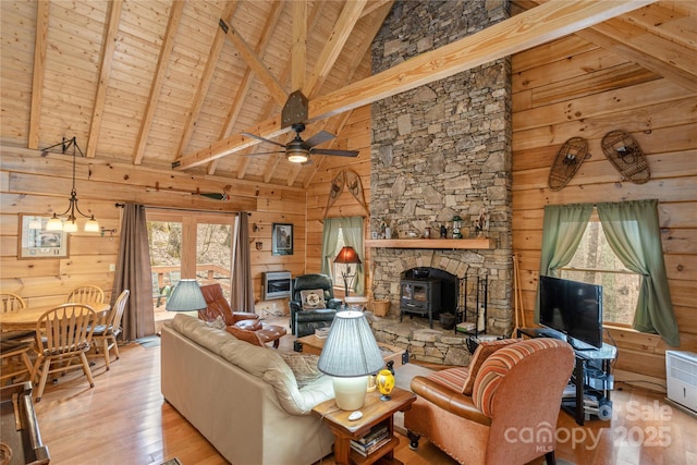 living area featuring a wood stove, wood ceiling, beamed ceiling, wood finished floors, and wood walls