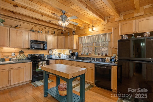 kitchen featuring wood ceiling, black appliances, light brown cabinetry, and dark countertops