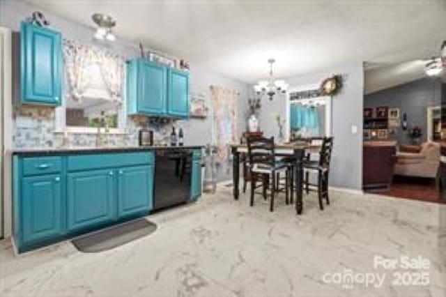 kitchen featuring marble finish floor, a notable chandelier, dishwasher, and blue cabinetry