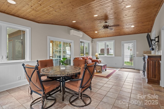 dining space with a wainscoted wall, recessed lighting, vaulted ceiling, an AC wall unit, and wooden ceiling