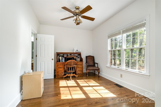119 Lakenheath Ln, Matthews, NC 28105 - sitting room featuring visible vents, baseboards, ceiling fan, and wood finished floors