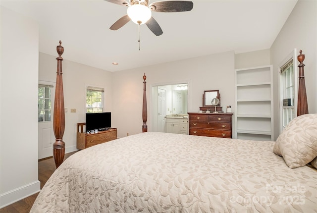 119 Lakenheath Ln, Matthews, NC 28105 - bedroom featuring baseboards, a ceiling fan, and dark wood finished floors