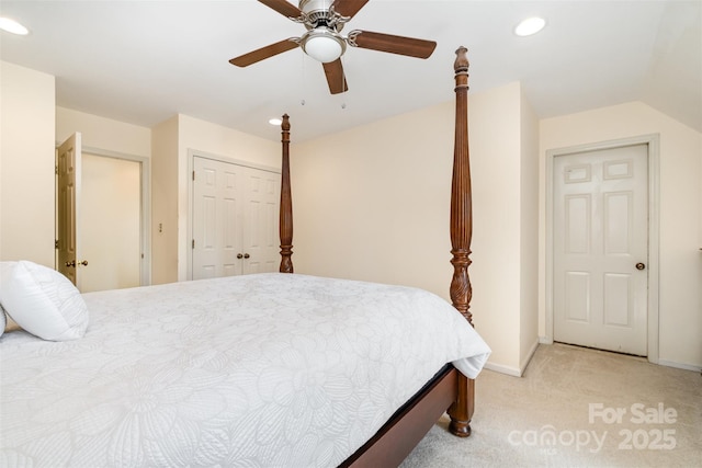 119 Lakenheath Ln, Matthews, NC 28105 - bedroom with a closet, baseboards, a ceiling fan, recessed lighting, and light colored carpet