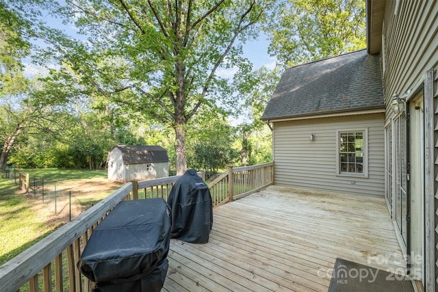 119 Lakenheath Ln, Matthews, NC 28105 - wooden terrace with a grill, a shed, and an outdoor structure