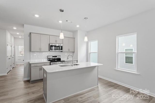 4724 Lakeview Rd Unit 26, Charlotte, NC 28216 - kitchen featuring stainless steel appliances, a sink, gray cabinets, backsplash, and light countertops