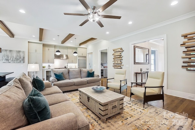 living room with light wood-style flooring, beam ceiling, baseboards, and ceiling fan