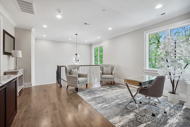 office with visible vents, crown molding, wood finished floors, and recessed lighting
