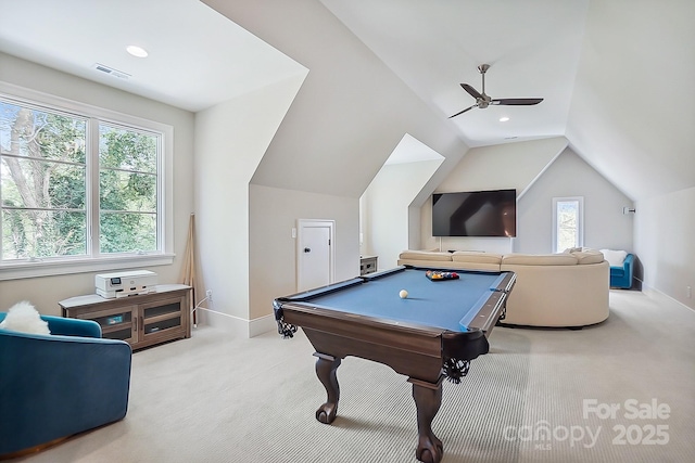 recreation room featuring visible vents, carpet, a ceiling fan, lofted ceiling, and billiards