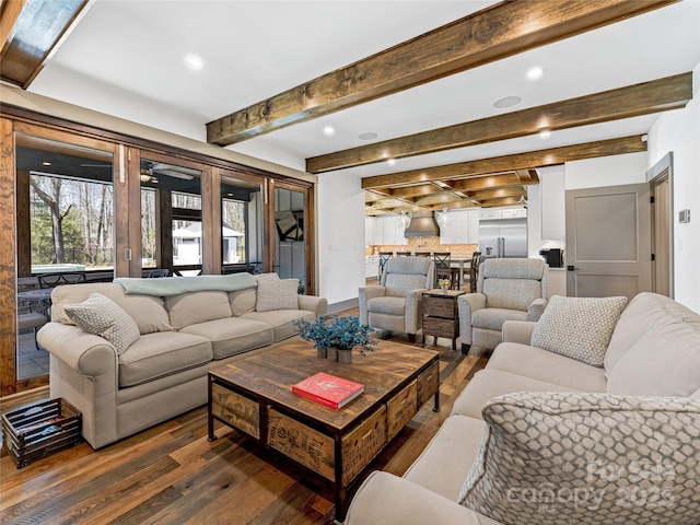living area featuring recessed lighting, dark wood finished floors, and beam ceiling