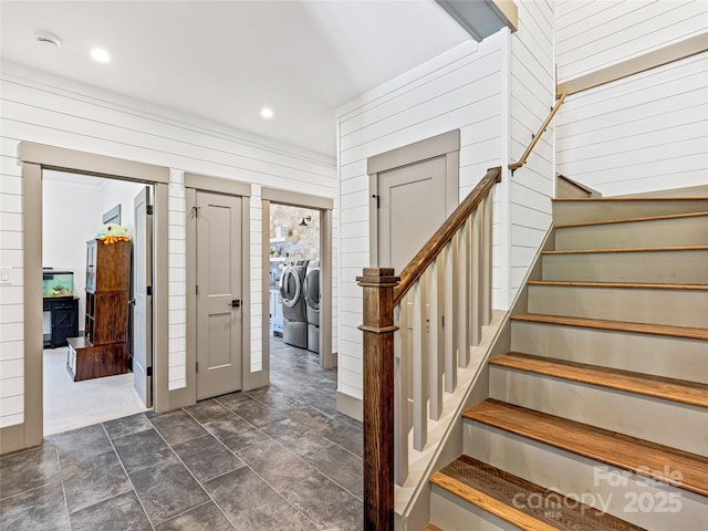 59 W Bradford Hill Rd, Mills River, NC 28759 - stairway with recessed lighting, wood walls, and washing machine and clothes dryer