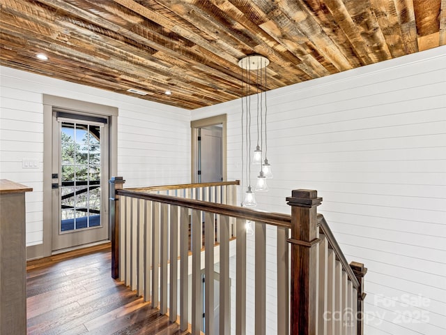 59 W Bradford Hill Rd, Mills River, NC 28759 - hall featuring wooden walls, wood-type flooring, recessed lighting, an upstairs landing, and wooden ceiling
