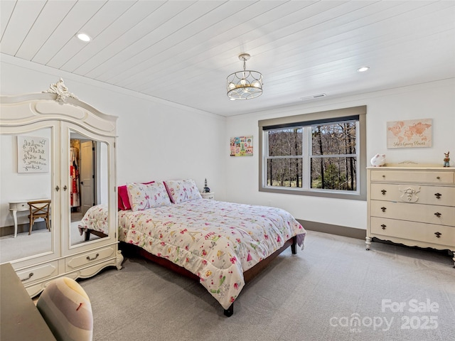 59 W Bradford Hill Rd, Mills River, NC 28759 - carpeted bedroom featuring recessed lighting, visible vents, ornamental molding, and an inviting chandelier
