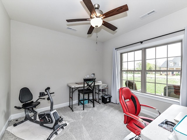 3012 Ocean Dr, Monroe, NC 28110 - carpeted home office with baseboards, visible vents, and a ceiling fan