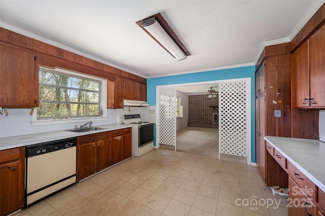340 Sardis Rd N, Charlotte, NC 28270 - kitchen featuring light countertops, crown molding, white appliances, under cabinet range hood, and a sink