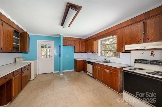 340 Sardis Rd N, Charlotte, NC 28270 - kitchen featuring white range with electric stovetop, under cabinet range hood, a sink, washer / clothes dryer, and dishwasher