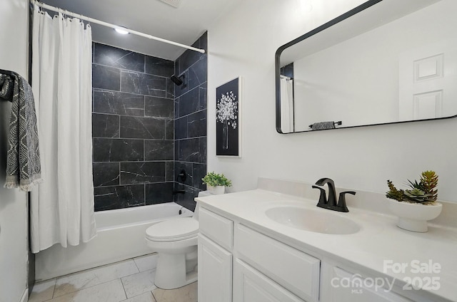 full bath with shower / bath combination with curtain, marble finish floor, vanity, and toilet