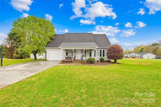view of front of home with a porch, driveway, a front lawn, and an attached garage
