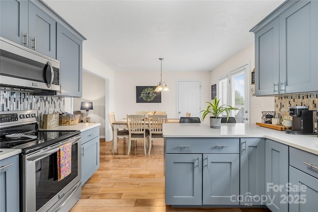 kitchen with light countertops, appliances with stainless steel finishes, a peninsula, light wood-type flooring, and decorative backsplash