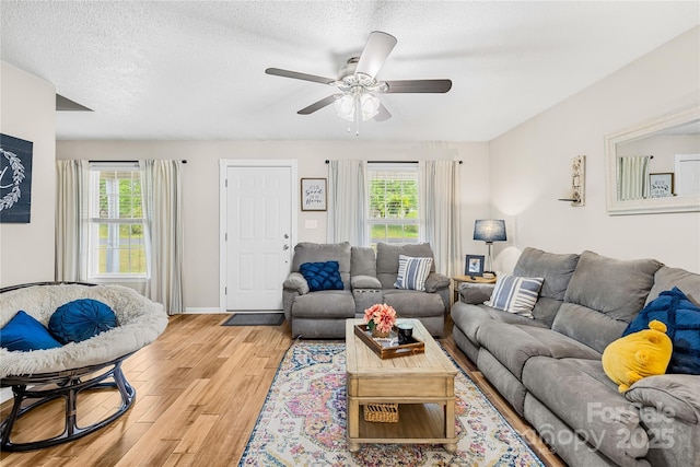 living room featuring a textured ceiling, a wealth of natural light, a ceiling fan, and light wood-type flooring
