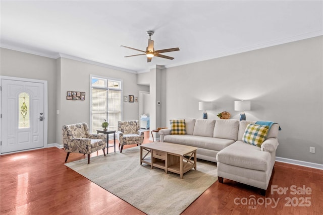 4159 Isle Of Pines Dr, Denver, NC 28037 - living area featuring ceiling fan, wood finished floors, crown molding, and baseboards