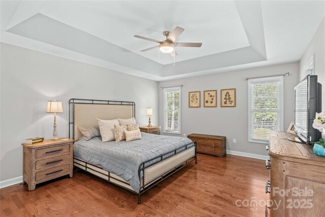 4159 Isle Of Pines Dr, Denver, NC 28037 - bedroom featuring a tray ceiling, wood finished floors, baseboards, and a ceiling fan