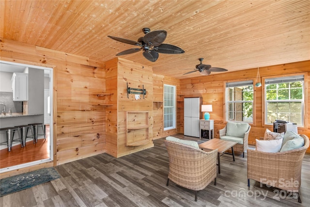 4159 Isle Of Pines Dr, Denver, NC 28037 - living area with wooden ceiling, wooden walls, a ceiling fan, and wood finished floors
