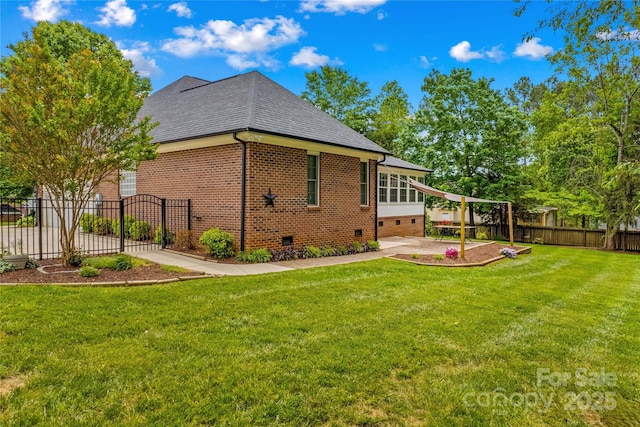 4159 Isle Of Pines Dr, Denver, NC 28037 - rear view of house featuring brick siding, roof with shingles, a patio, crawl space, and a gate