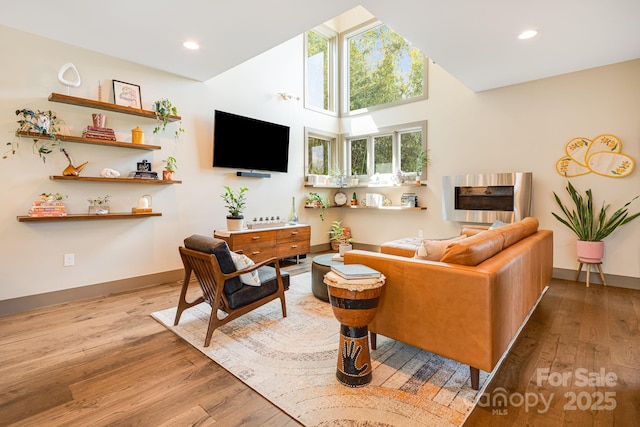 living room with wood-type flooring, baseboards, and recessed lighting