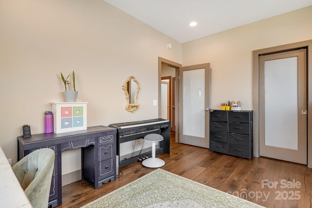 home office featuring recessed lighting and dark wood finished floors