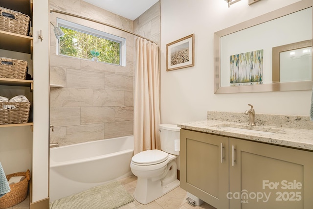 full bath featuring toilet, vanity, and shower / tub combo with curtain