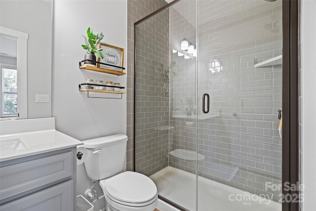 full bathroom featuring vanity, toilet, and a shower stall