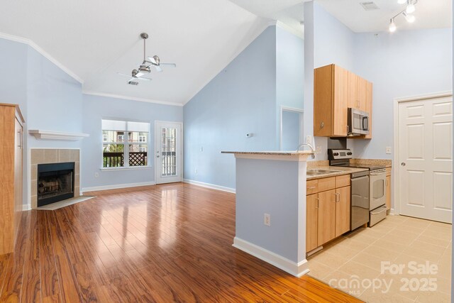 1000 Olde Eastwood Village Blvd Unit 307, Asheville, NC 28803 - kitchen with high vaulted ceiling, ornamental molding, stainless steel appliances, a ceiling fan, and a sink