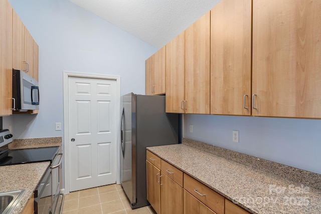 1000 Olde Eastwood Village Blvd Unit 307, Asheville, NC 28803 - kitchen with a textured ceiling, light stone countertops, stainless steel appliances, lofted ceiling, and light tile patterned floors