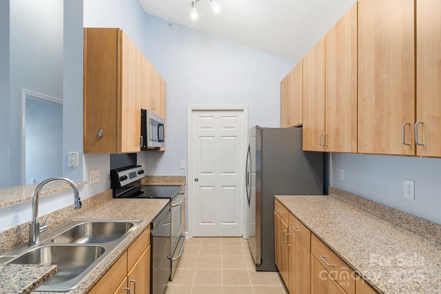 1000 Olde Eastwood Village Blvd Unit 307, Asheville, NC 28803 - kitchen featuring a textured ceiling, stainless steel appliances, lofted ceiling, a sink, and light tile patterned floors