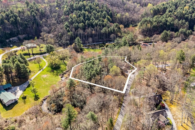 drone / aerial view featuring a forest view